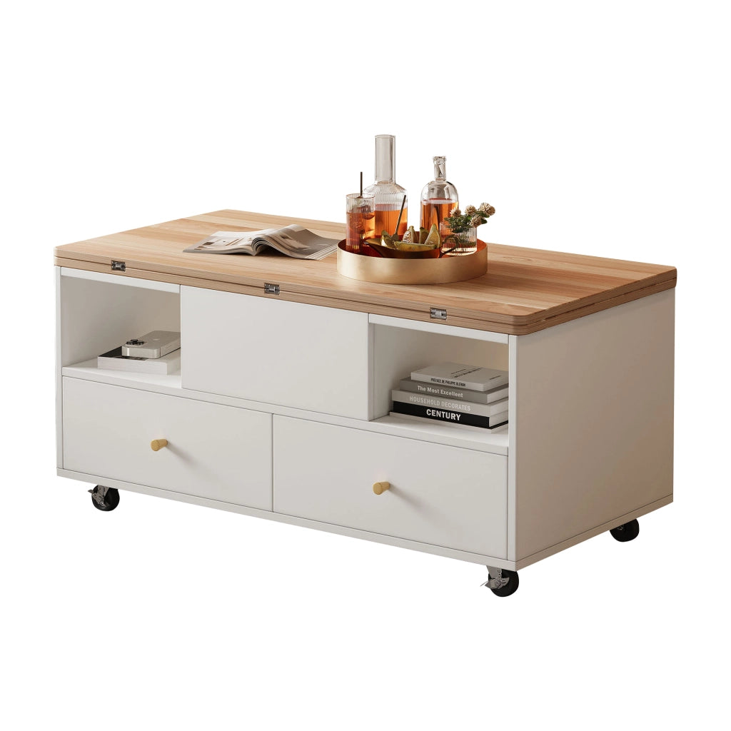 Tavolino da Salotto Alzabile con Piano Ribaltabile; 4 Cassetti e Ruote con Freno; in MDF; 100×50×47;5 cm; Legno Naturale