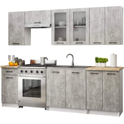 Set da cucina con vetrina AKORD OLIWIA 2,4 m Bianco 240 cm 11 ante 1 cassetto frontale Cemento 240×46×203 cm