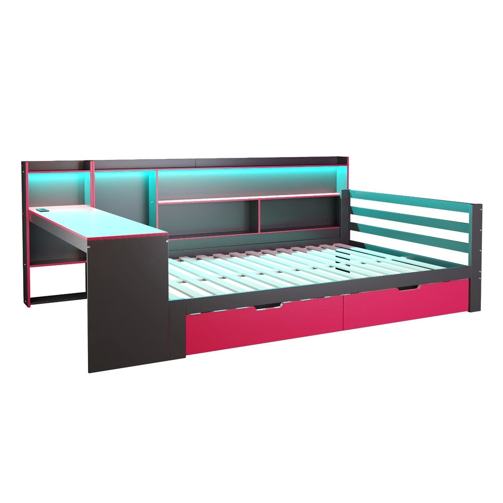 Letto multifunzionale con scrivania e libreria - Zephmum - 140x200 cm - Nero e Rosso - Con illuminazione integrata e prese