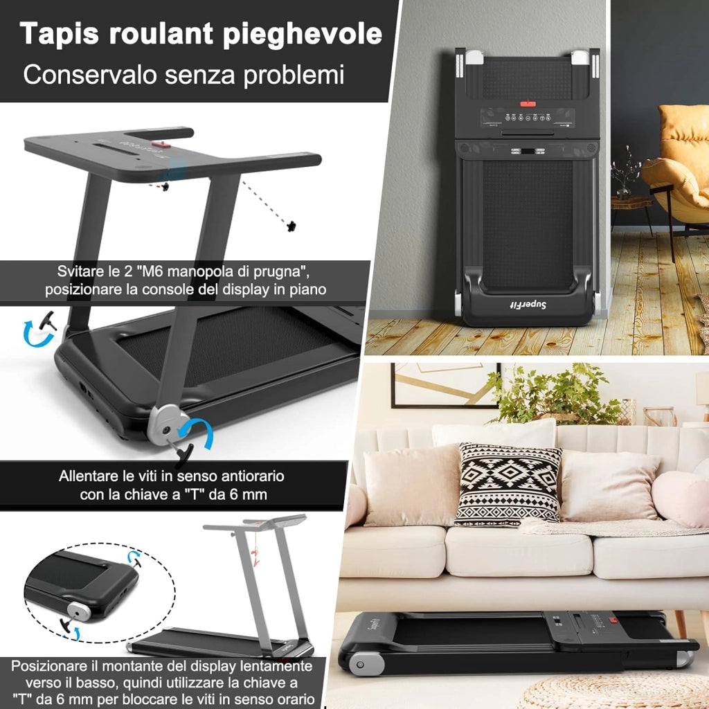 Tapis Roulant Elettrico Pieghevole Salvaspazio, Tapis Roulant con Controllo APP, 12 Programmi Preimpostati, Schermo LED e Porta Dispositivi e Bluetooth, Velocità 1-12 km/h