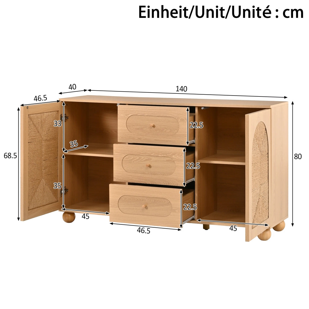 Sideboard naturale 140x40x80 cm con 2 ante e 3 cassetti