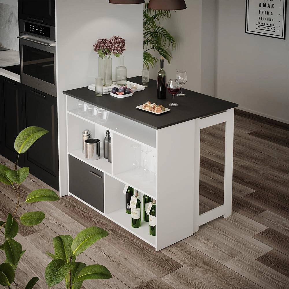 Tavolo bar alto Dominic, Antracite/bianco, 116 x 37 cm 4x scomparti aperti e 1x porta, piano del tavolo pieghevole per un utilizzo flessibile in spazi ridotti