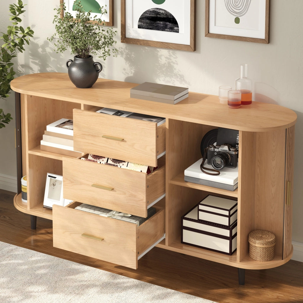 Credenza con 3 cassetti centrali e ante scorrevoli laterali ripiani regolabili in MDF naturale 160 × 40 × 80,5 cm