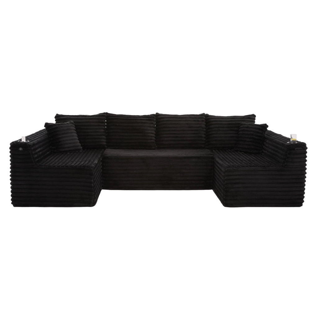 Divano modulare a U in velluto a coste nero con portabicchieri