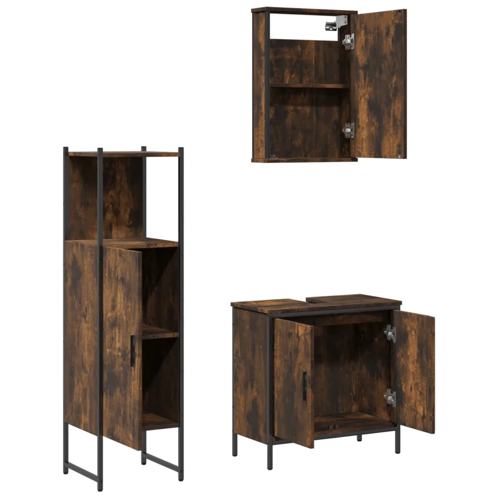 Set Mobili da Bagno | Armadio da bagno 3 pz Rovere Fumo in Legno Multistrato