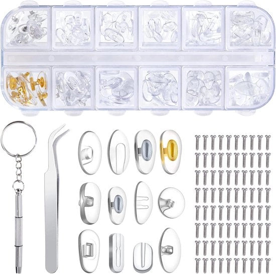 Set di riparazione occhiali premium con 80 viti, pinza e chiave a croce - 12 stili - 60 paia