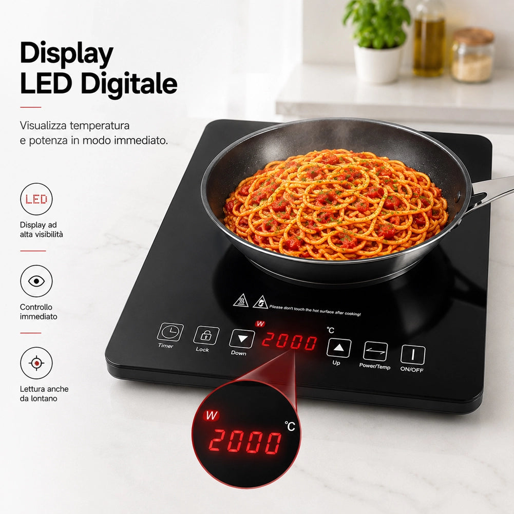 Piastra Fornello Elettrico a Induzione 1 Fuoco per Cucina Cottura Omogenea 2000W
