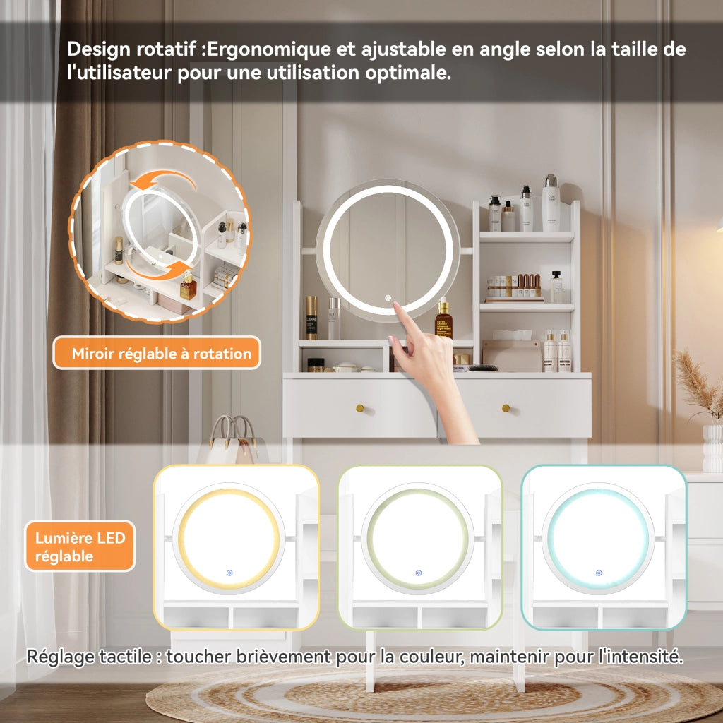 Toeletta con 4 cassetti; specchio LED e sgabello per camera da letto in truciolare bianco