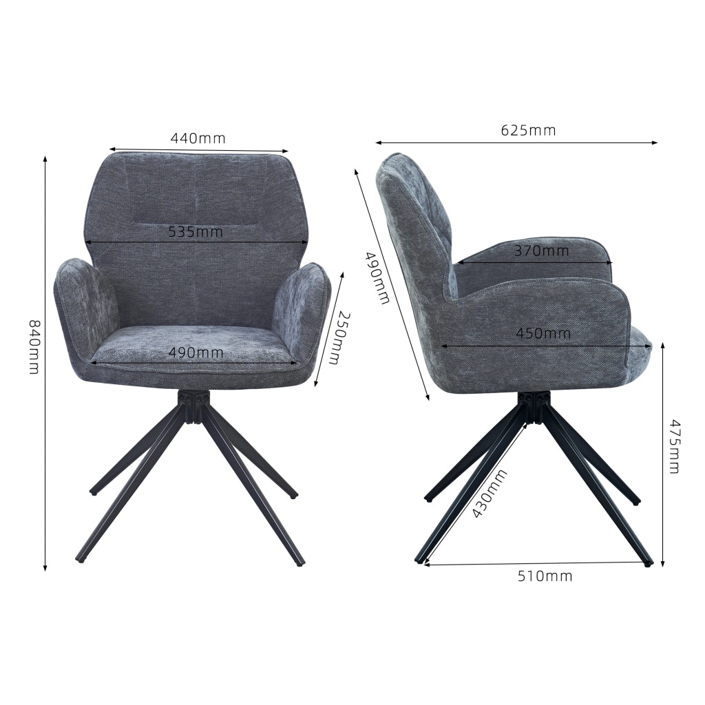 Set di 2 sedie girevoli da pranzo - con braccioli - in chenille e metallo - grigio scuro