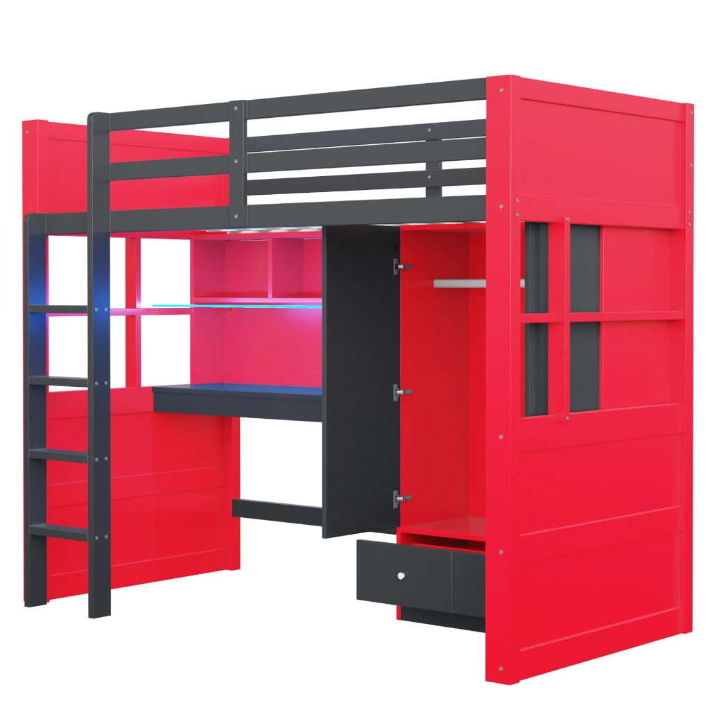 LETTO A CASTELLO 90x200 cm Nero/Rosso con scrivania, armadio e cassetti