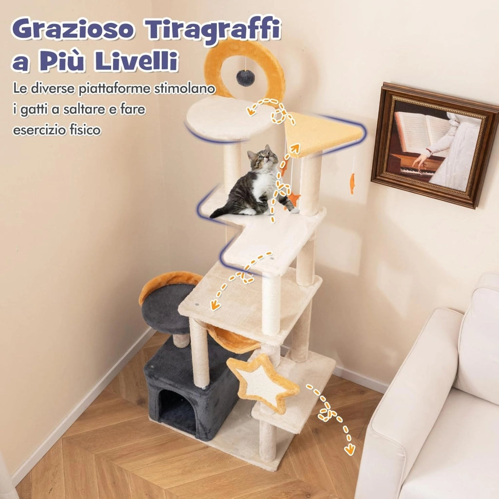 Albero per Gatti da Interno da 160 cm, Albero Tiragraffi con Pali e Tavole da Graffio in Sisal, Condominio, Trespolo in Peluche, Piattaforme, Giocattoli Appesi e Palla a Molla