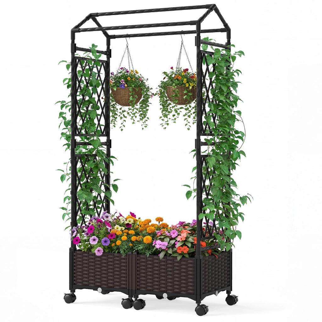 Cassetta per piante con irrigazione automatica letto rialzato stabile su ruote bloccabili-Vaso da esterno con grigliato tetto in rattan impermeabile