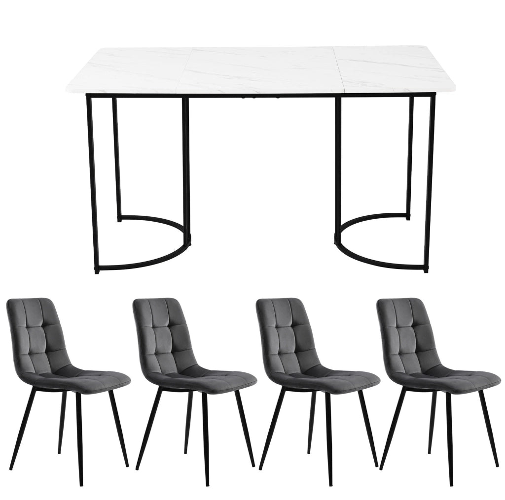 Set da pranzo 140x80 cm; 4 sedie in velluto; MDF; bianco