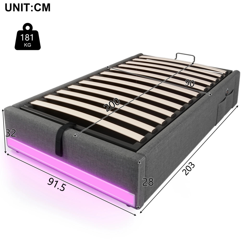 Letto imbottito 90x200 cm senza testiera in lino grigio con LED; USB e porta Type-C; contenitore idraulico