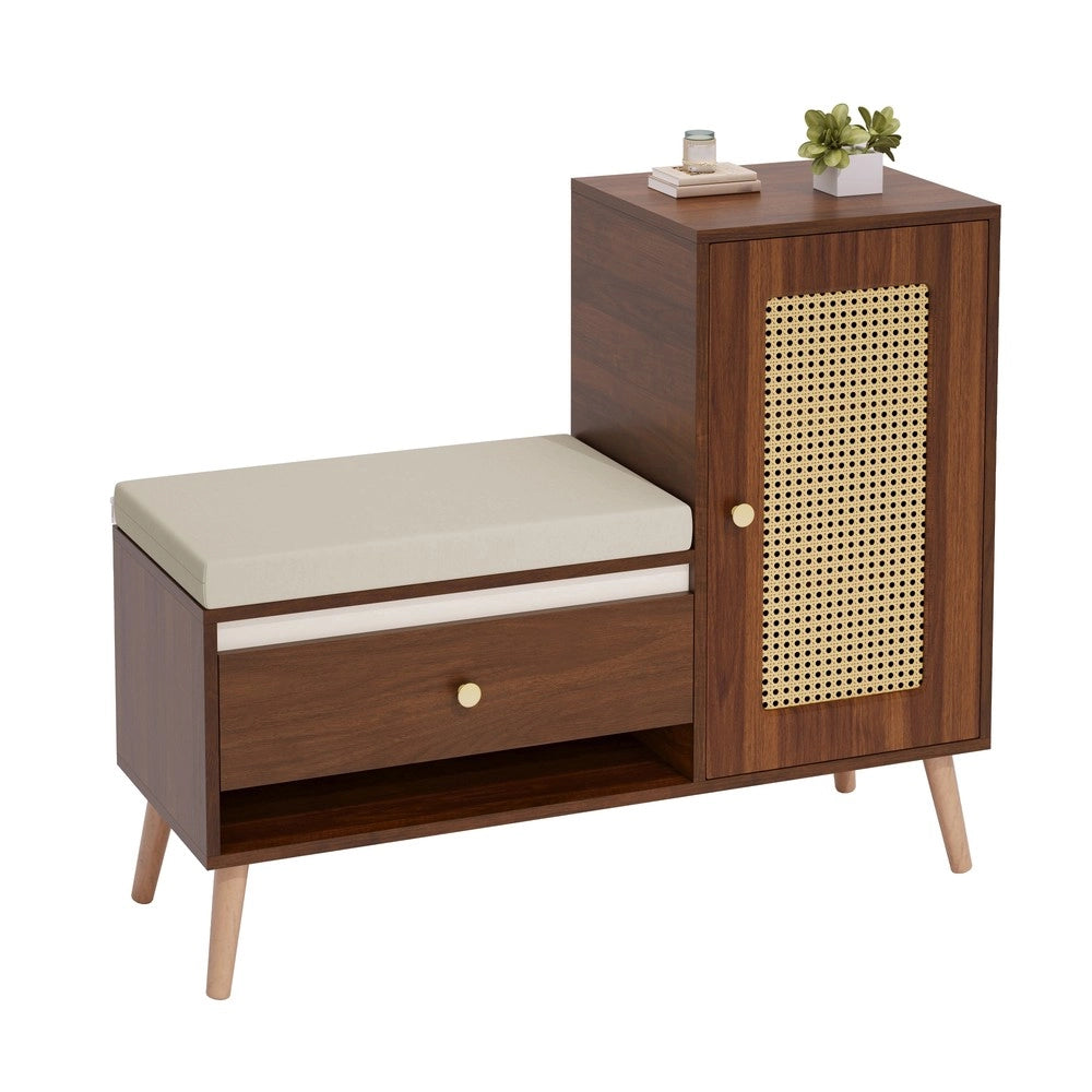 Panca Ingresso con Scarpiera, Cassetti e Ante ¨C MINIMAL ¨C Rattan, Cuscino Seduta