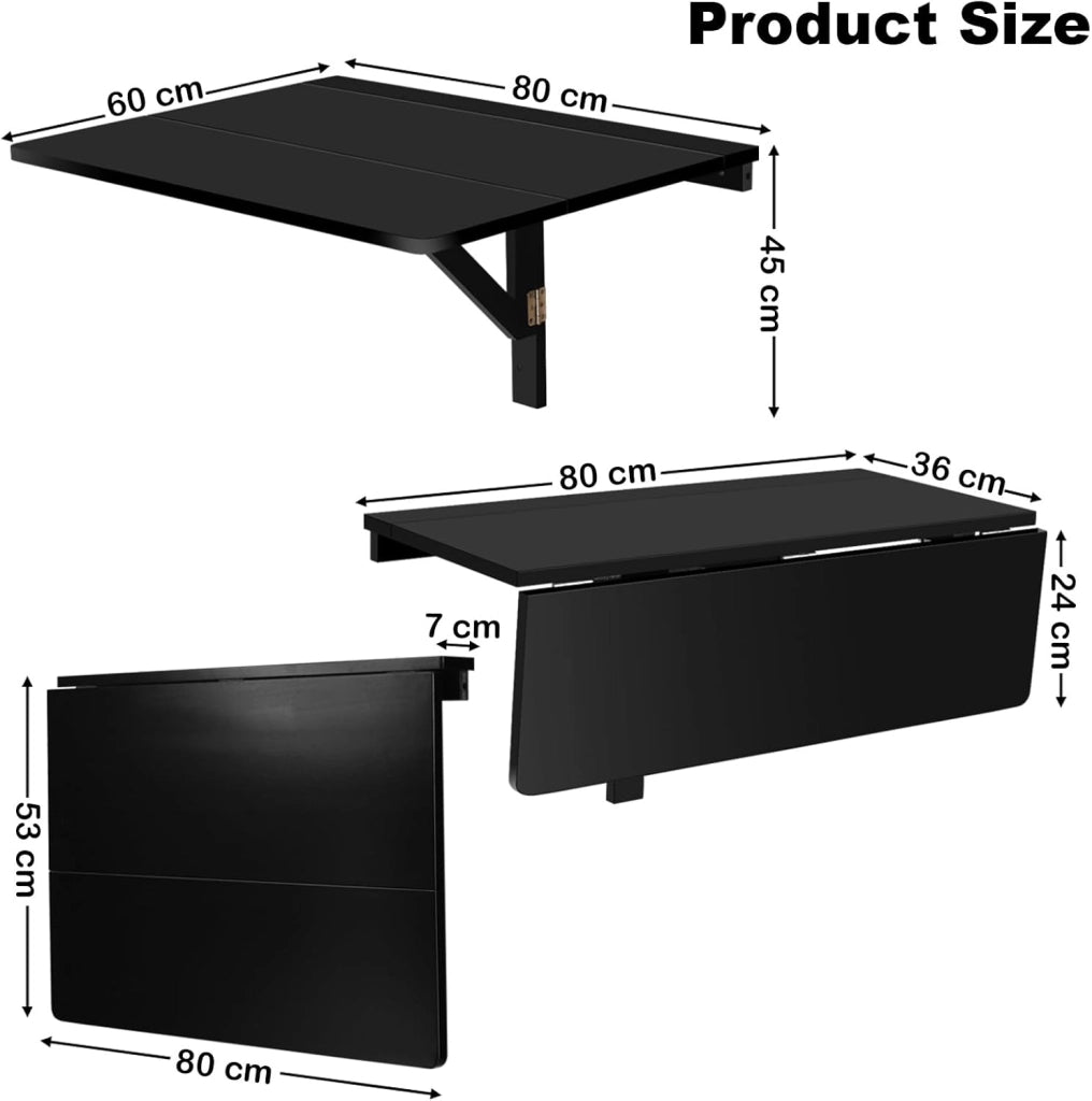 Tavolo Pieghevole a Muro, Piano Separato, Scrivanie Salvaspazio, Tavolino Pranzo in Legno, Supporto per Computer, Ideale per Camera e Appartamento, 80x60x45cm (Nero)