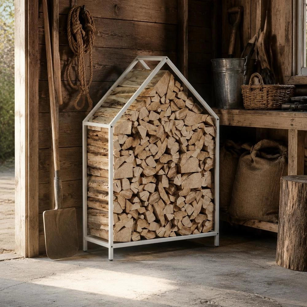 Porta legna bianco, 60x25x90 cm, in acciaio laminato a freddo – robusto e resistente, ideale per esterni, giardino e camino, pratico e durevole