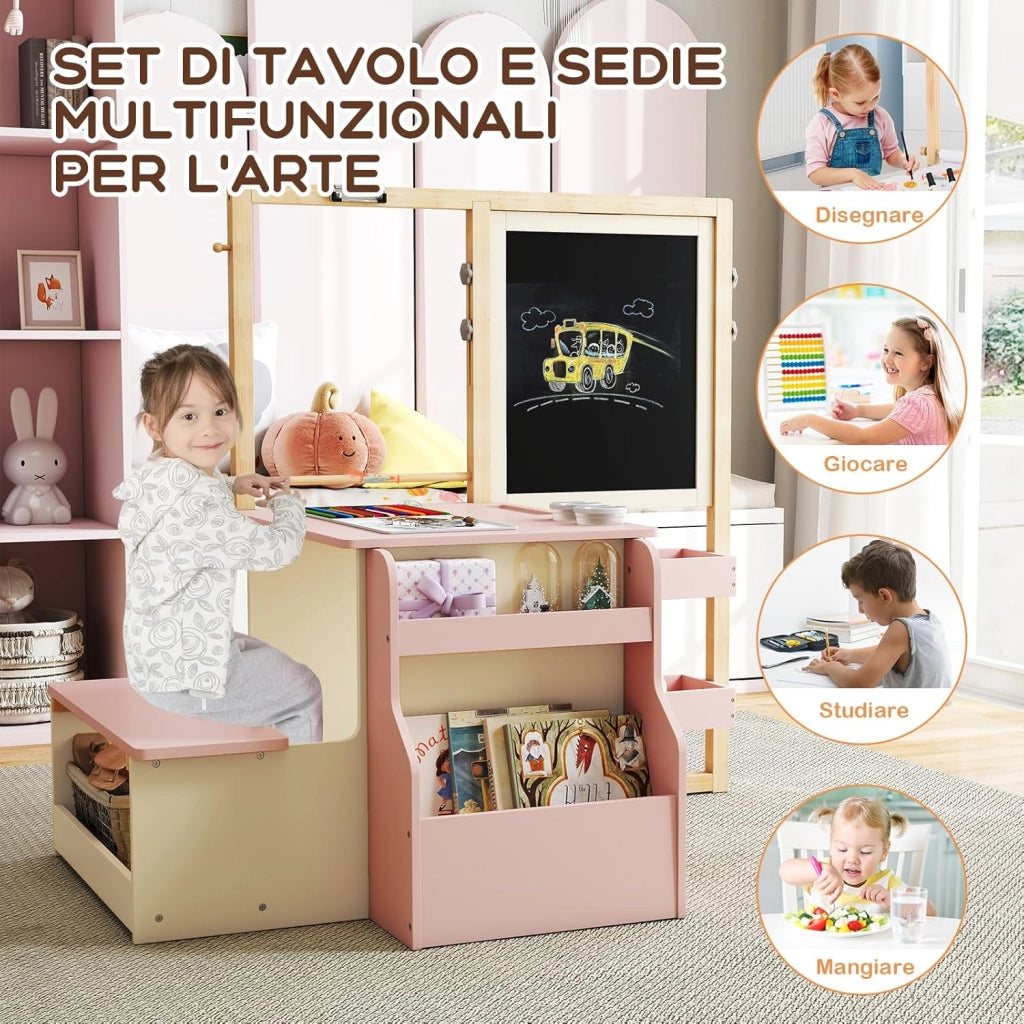 Set 3 in 1 Tavolo e Sedie per Bambini 3+ Anni, Tavolo in Legno Sicuro con Lavagna Cancellabile, Magnetica, Cavalletto Regolabile, Libreria e Accessori Artistici, per Disegno (Rosa)