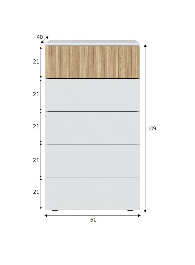 Cassettiera Asiatica, Settimanale a 5 cassetti, Mobile Comò per camera da letto, Comò moderno, 61x40h109 cm, Bianco e Rovere