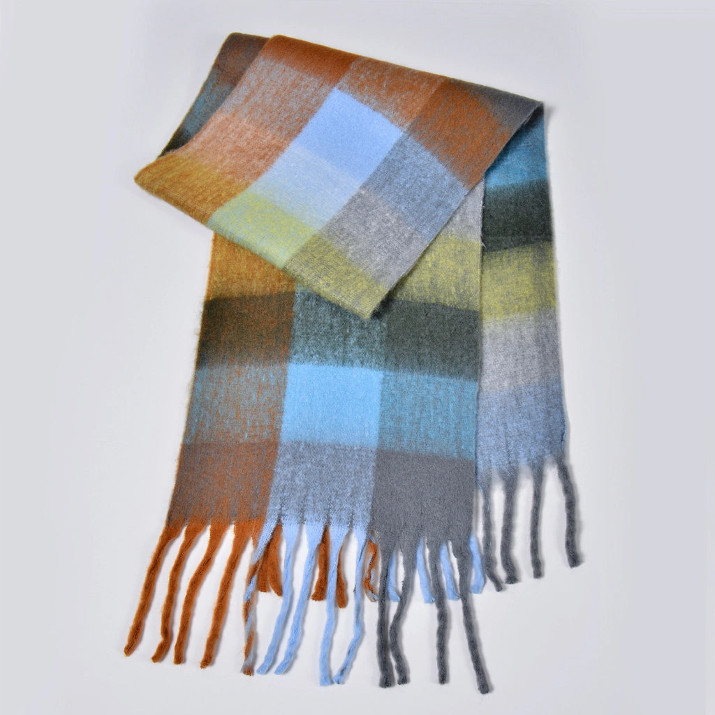 Nuova sciarpa a quadri arcobaleno, elegante, spessa, calda, lunga sciarpa a quadri con nappe