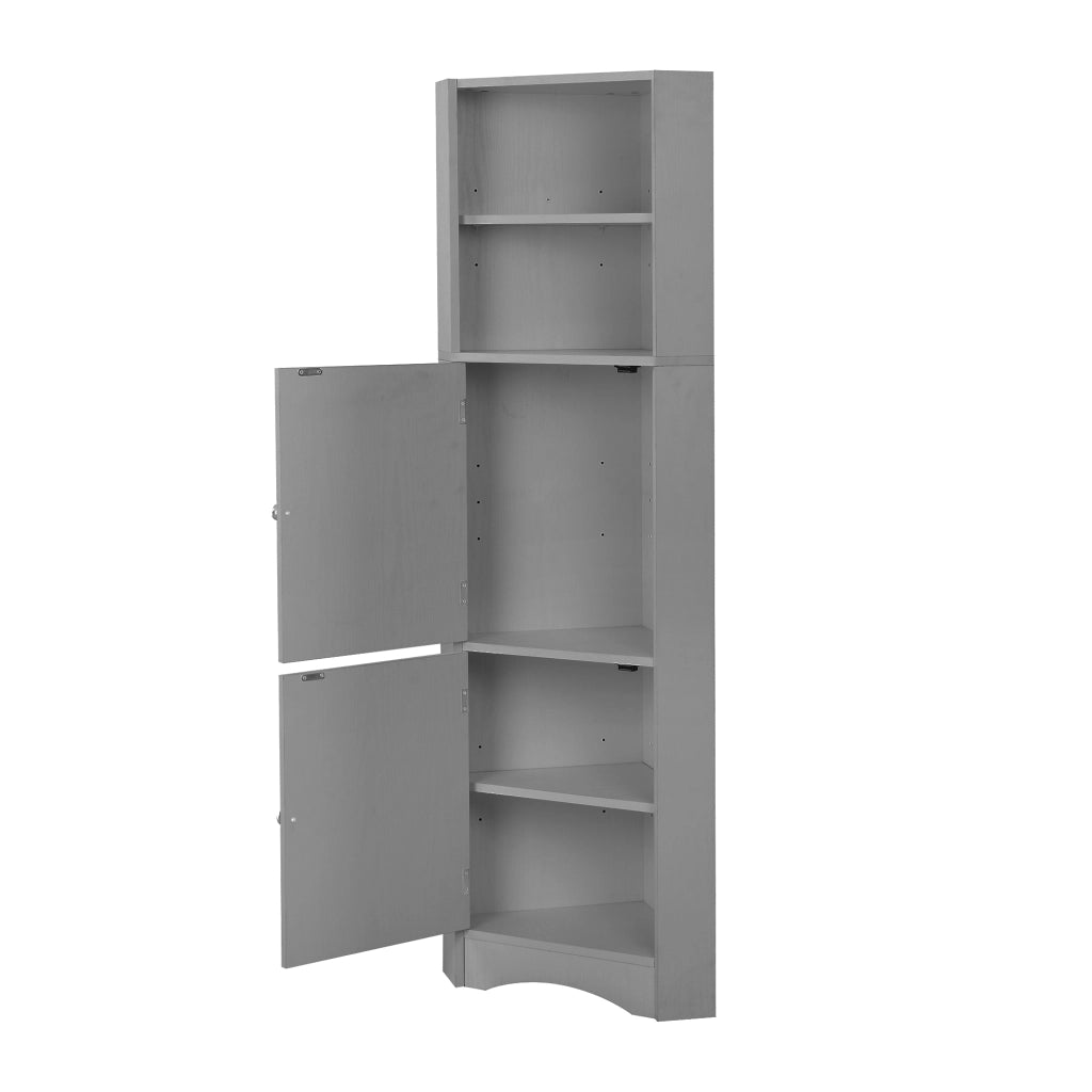 Armadietto da bagno angolare con ripiano regolabile e vani aperti, per bagno, in truciolare, grigio, 36.5 × 36.5 × 155 cm