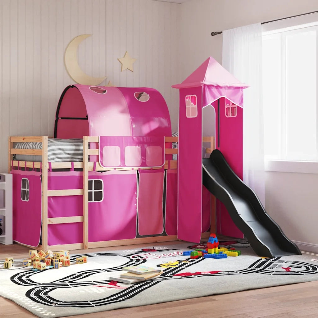 vidaXL Letto a Castello con Scivolo e Tende Rosa 80x200 cm