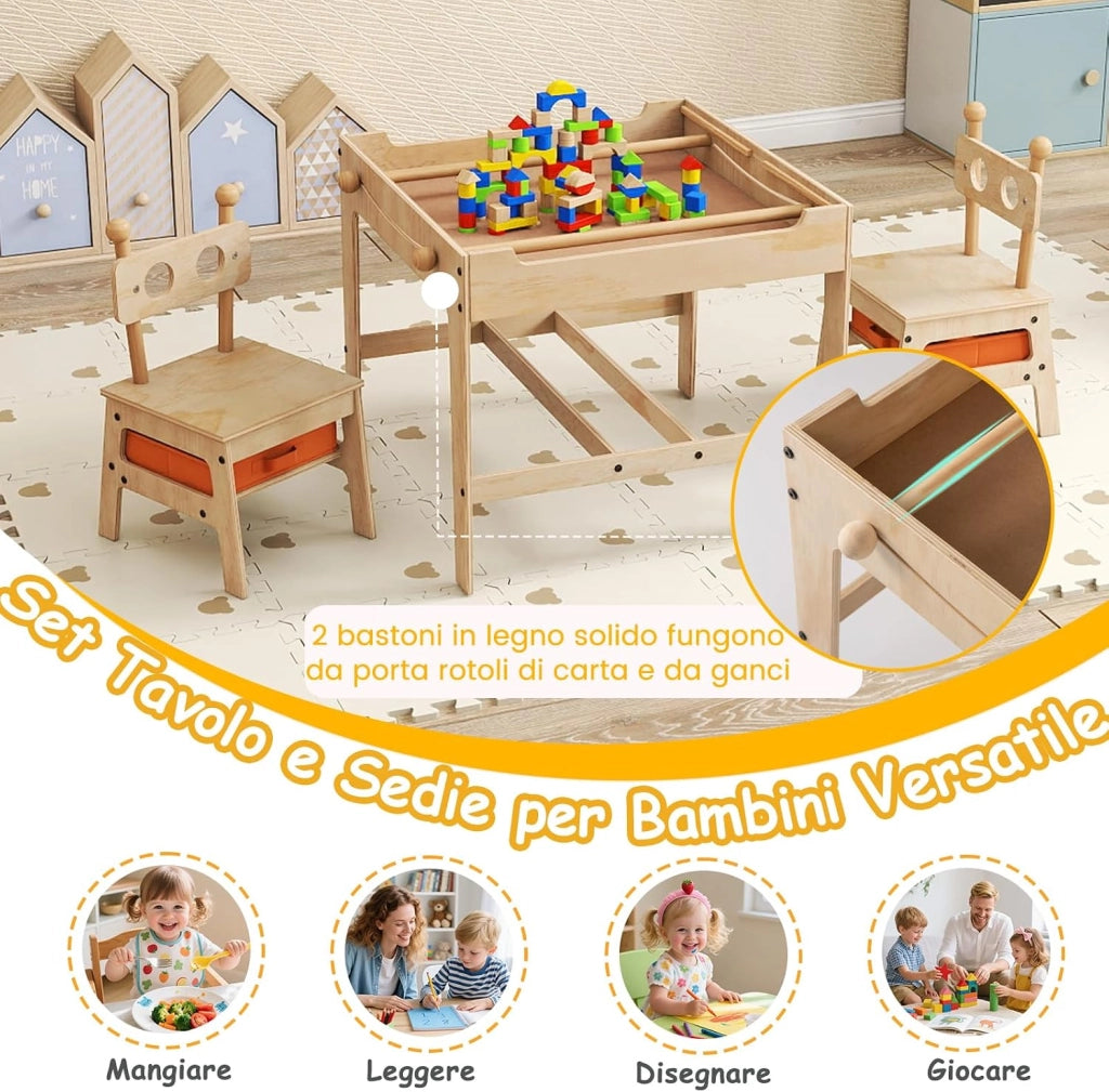 4 in 1 Set Tavolo e Sedie per Bambini 3+ Anni, Tavolo in Legno con Lavagna Reversibile Bianca e Nera, Sedie Ergonomiche con 2 Cassetti Portaoggetti, Ideale per Arti, Mestieri e Giochi (Robot)