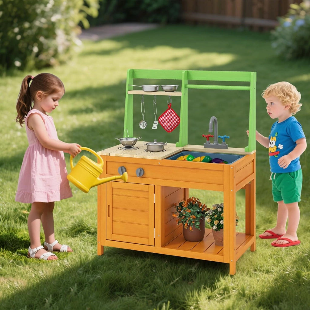 Cucina Giocattolo in Legno, Cucina da Gioco all'Aperto con Fornelli Realistici, Rubinetto, Lavandino, Forno e Accessori per Pentole, Giocattoli per Bambini dai 3+ Anni