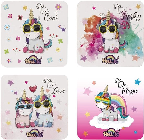 Set di 4 supporti di sospensione 10,4 x 10,4 cm - piedi in gomma antiscivolo - disegno unicorno