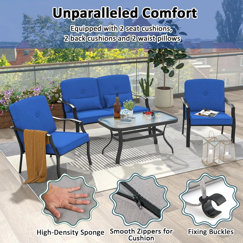 Set di mobili da giardino, 4 pezzi, per 4 persone, set di mobili da giardino, 2 poltrone, 1 divano e 1 tavolino da caffè, mobili da esterno, cuscini rimovibili (blu)
