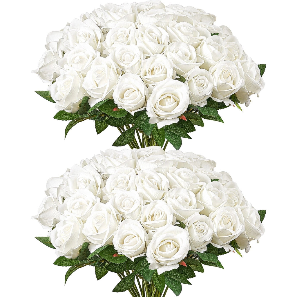 60 Pezzi JNR-WHITE-060 Rose Artificiali Bianche in Velluto e PE con Steli per Fai da Te Decorazioni Casa e Nozze