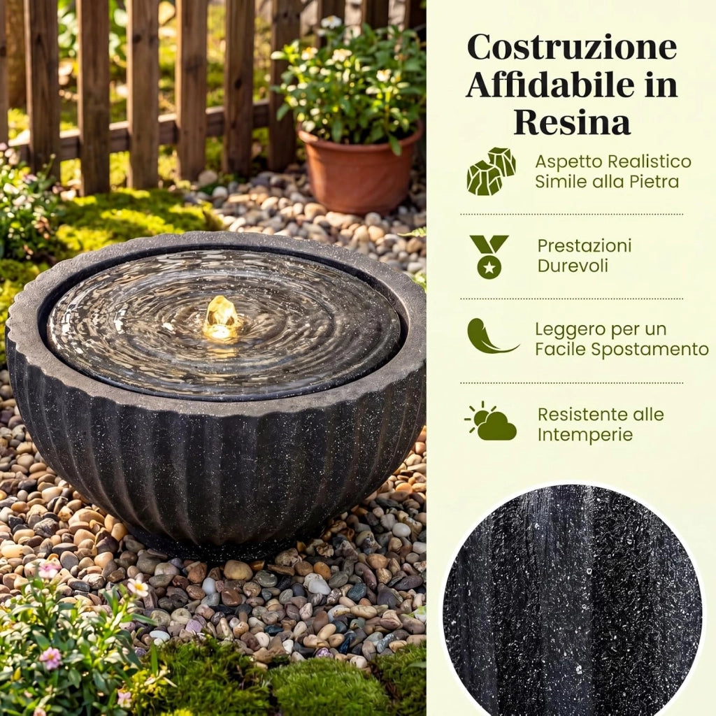 Fontana da Giardino, Fontanella Elettrica da Interno ed Esterno con Luci e Flusso d'Acqua Regolabile, Fontana a Forma di Ciotola con Effetto di Pietra da Terrazza e Balcone