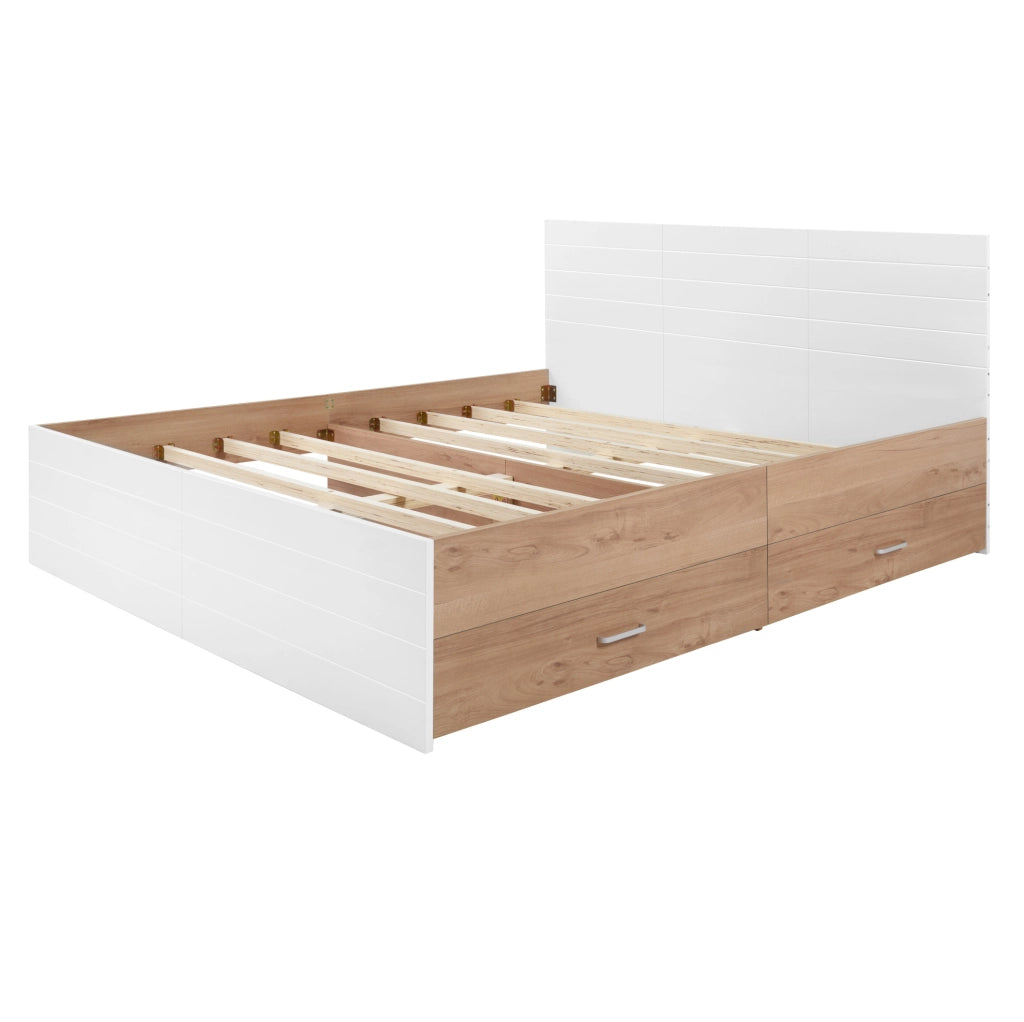 Letto matrimoniale 180x200 cm con 2 cassetti; rete a doghe; legno e MDF; bianco e rovere chiaro