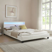 Letto Francese Imbottito 140x200 cm Testiera Alta con Illuminazione a LED Similpelle - Bianco Corium