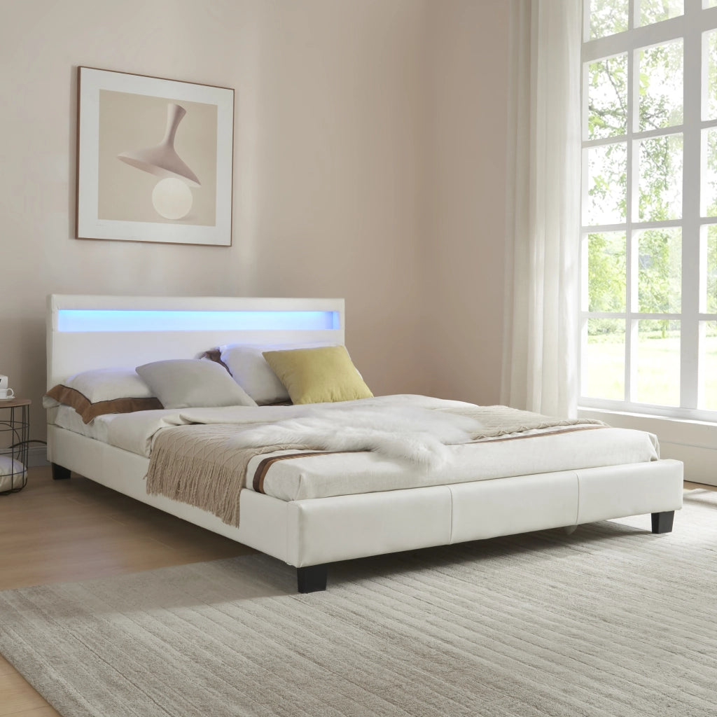 Letto Francese Imbottito 140x200 cm Testiera Alta con Illuminazione a LED Similpelle - Bianco Corium