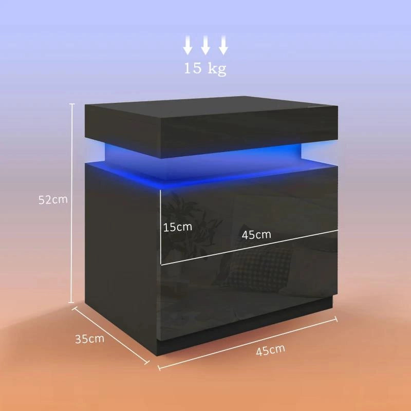 COMODINO LED A 16 COLORI E 4 MODALITÀ CON 2 CASSETTI, IN LEGNO, 45X35X52 CM, NERO