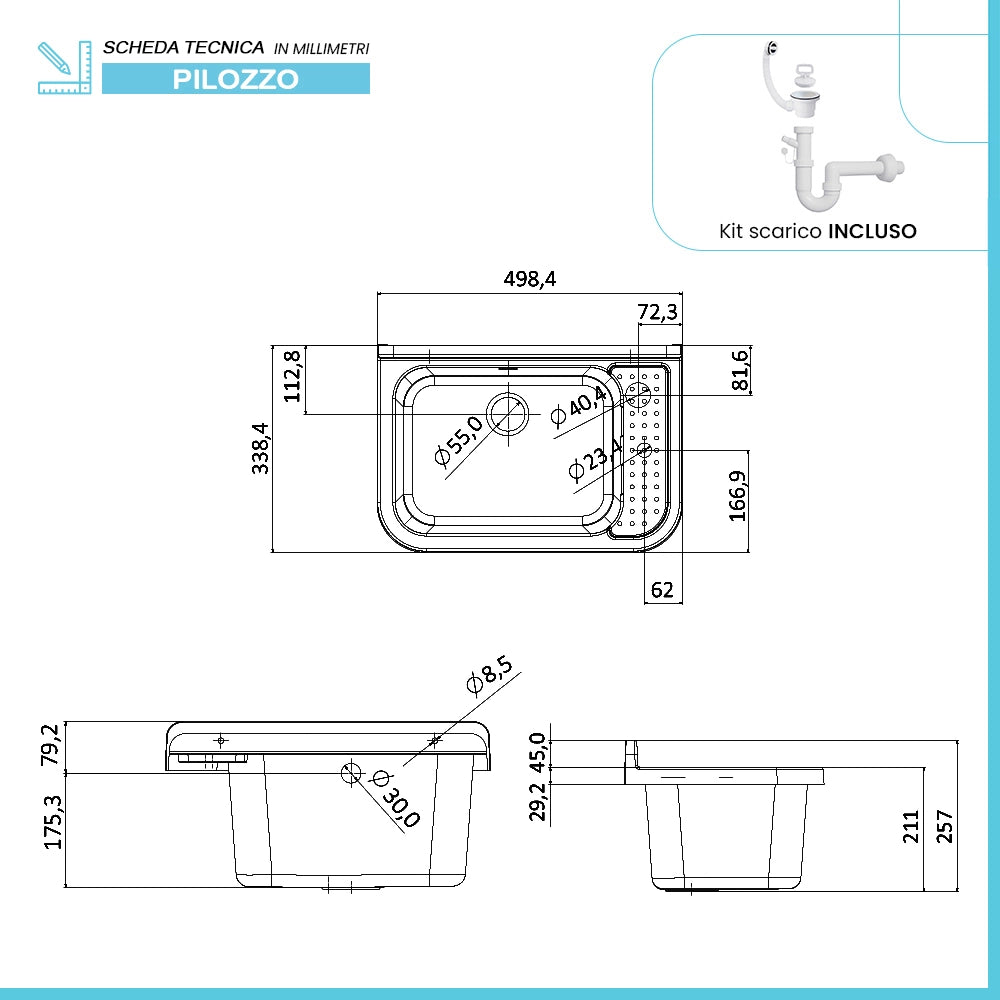 Lavatoio in resina 50x34 bianco con miscelatore a canna alta inox e scarico incluso