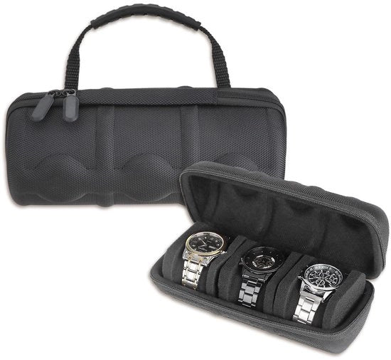 Harde reiskoffer con 3 compartimenti, spazio di stoccaggio orologio con chiusura a zip e organizzatore per uomo e donna, con cuscino anti-schizzo per orologi (nero)