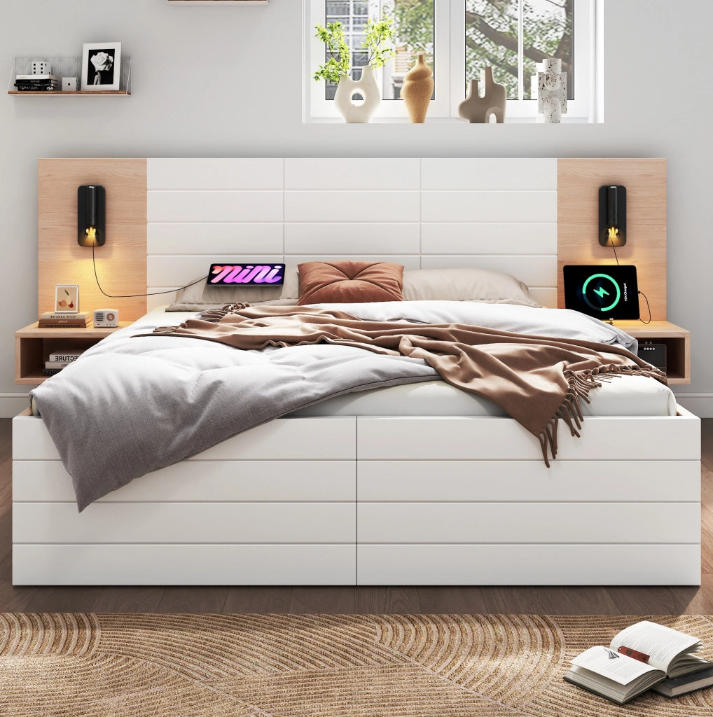 Letto matrimoniale 140x200 cm con 2 cassetti; lampada orientabile e USB; bianco e rovere