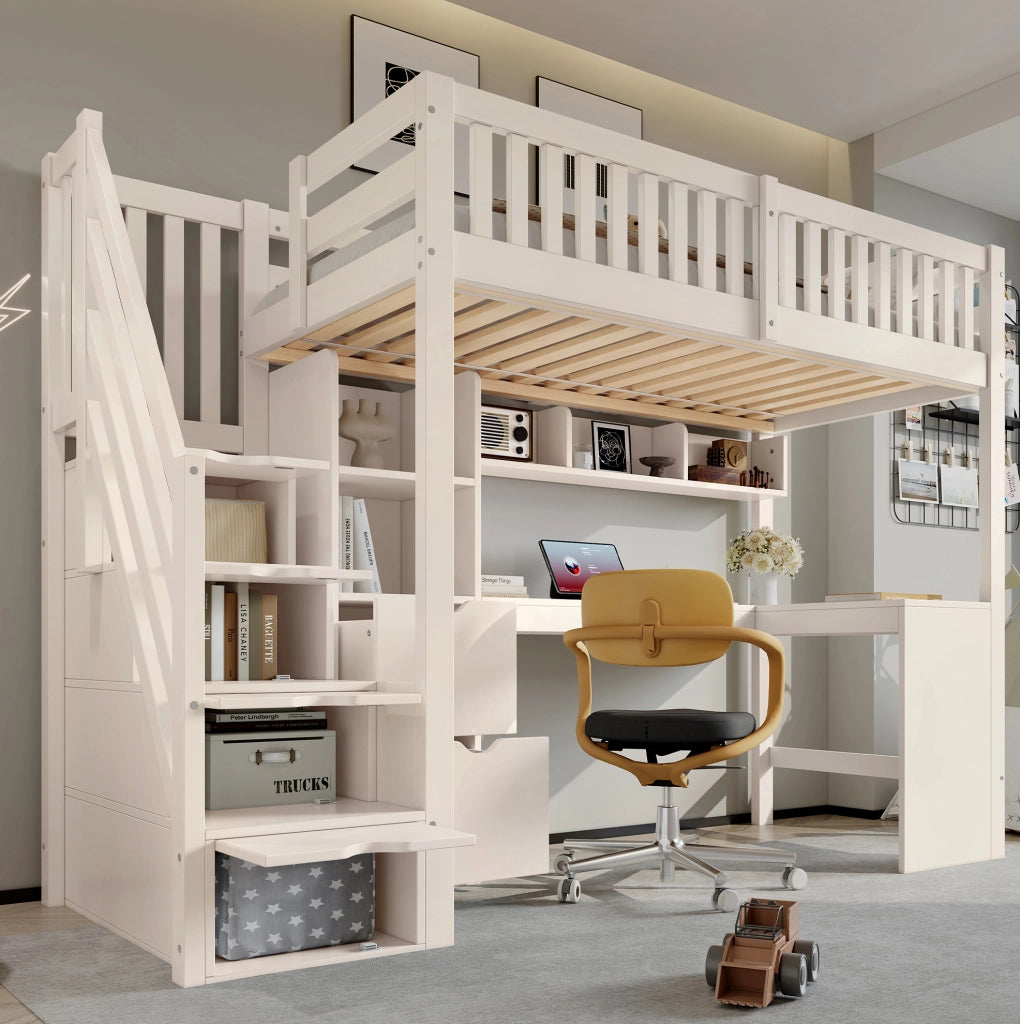 Letto a soppalco 90x200 cm bianco con scala contenitore e scrivania angolare