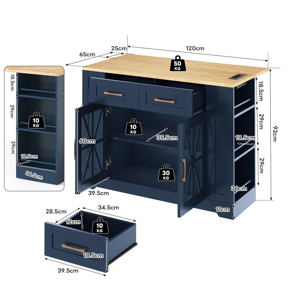 Isola da cucina mobile 120 cm con tavolo pieghevole e prese
