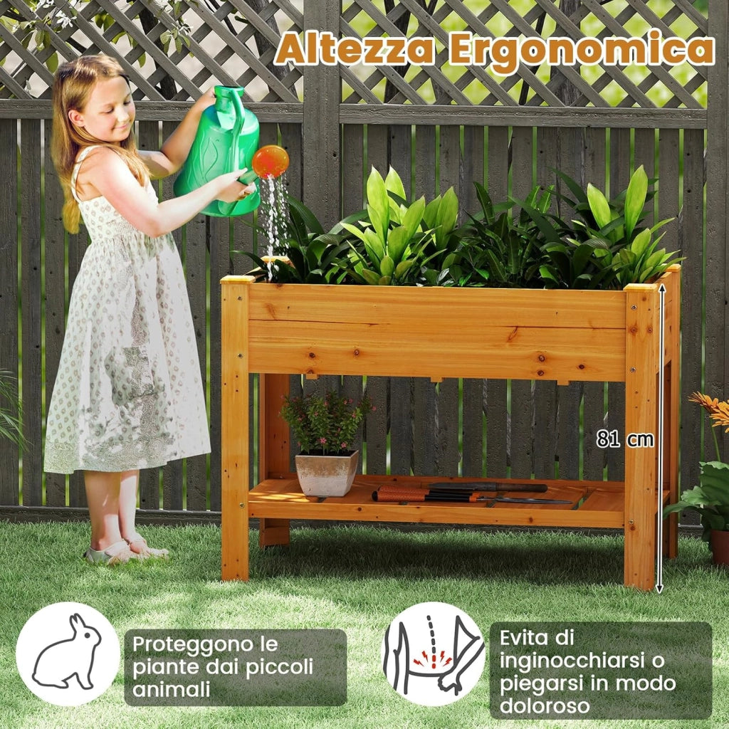 Letto per Orto Rialzato da Esterno in Legno di Abete, Fioriera Rialzata con Fori di Drenaggio e Ripiano Inferiore, Letto per Piante Urbano da Giardino e Patio, 120 x 60 x 82 cm (Arancione)