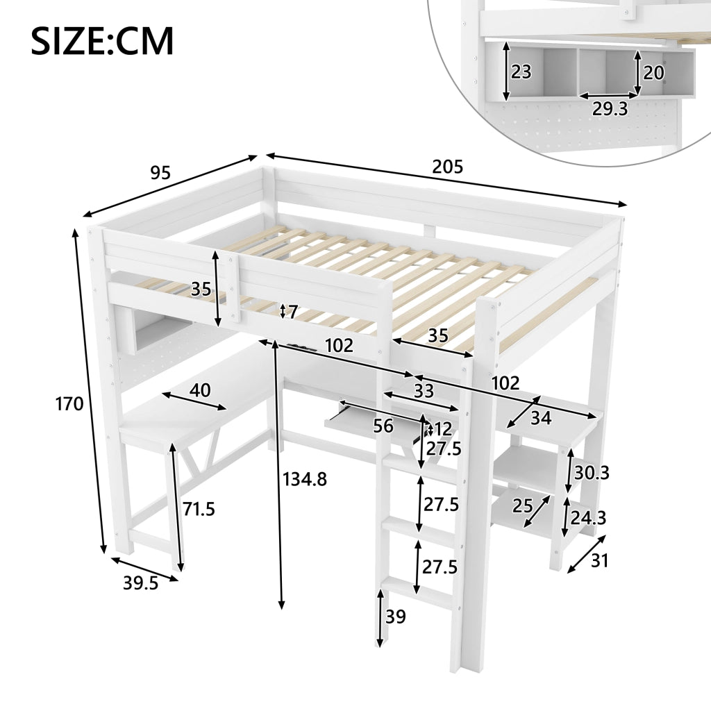 Letto a soppalco singolo 90 × 200 cm con scrivania, ripiani, LED a 7 colori, prese USB e senza materasso