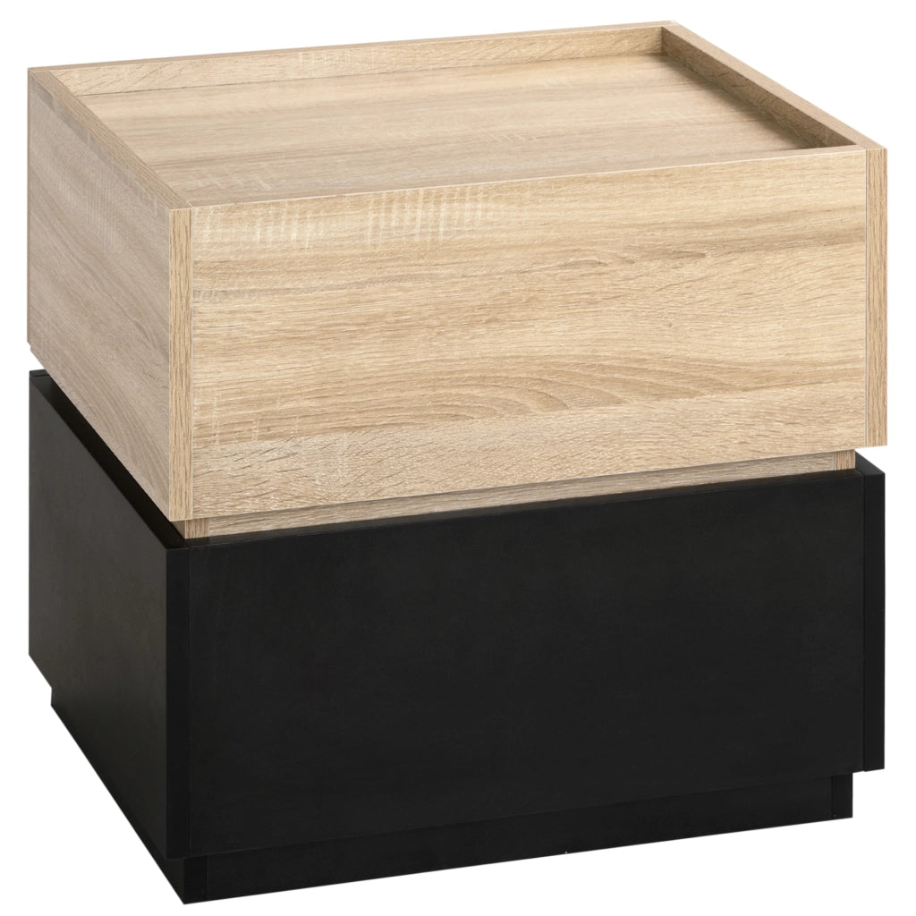 Comodino con cassetto, impilabile, comodino per camera da letto, in truciolato, nero+naturale, 50 x 40 x 47,5 cm