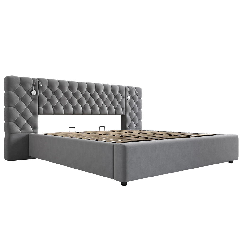 Letto matrimoniale 180x200 cm in velluto grigio con rete a doghe, contenitore idraulico e luce da lettura
