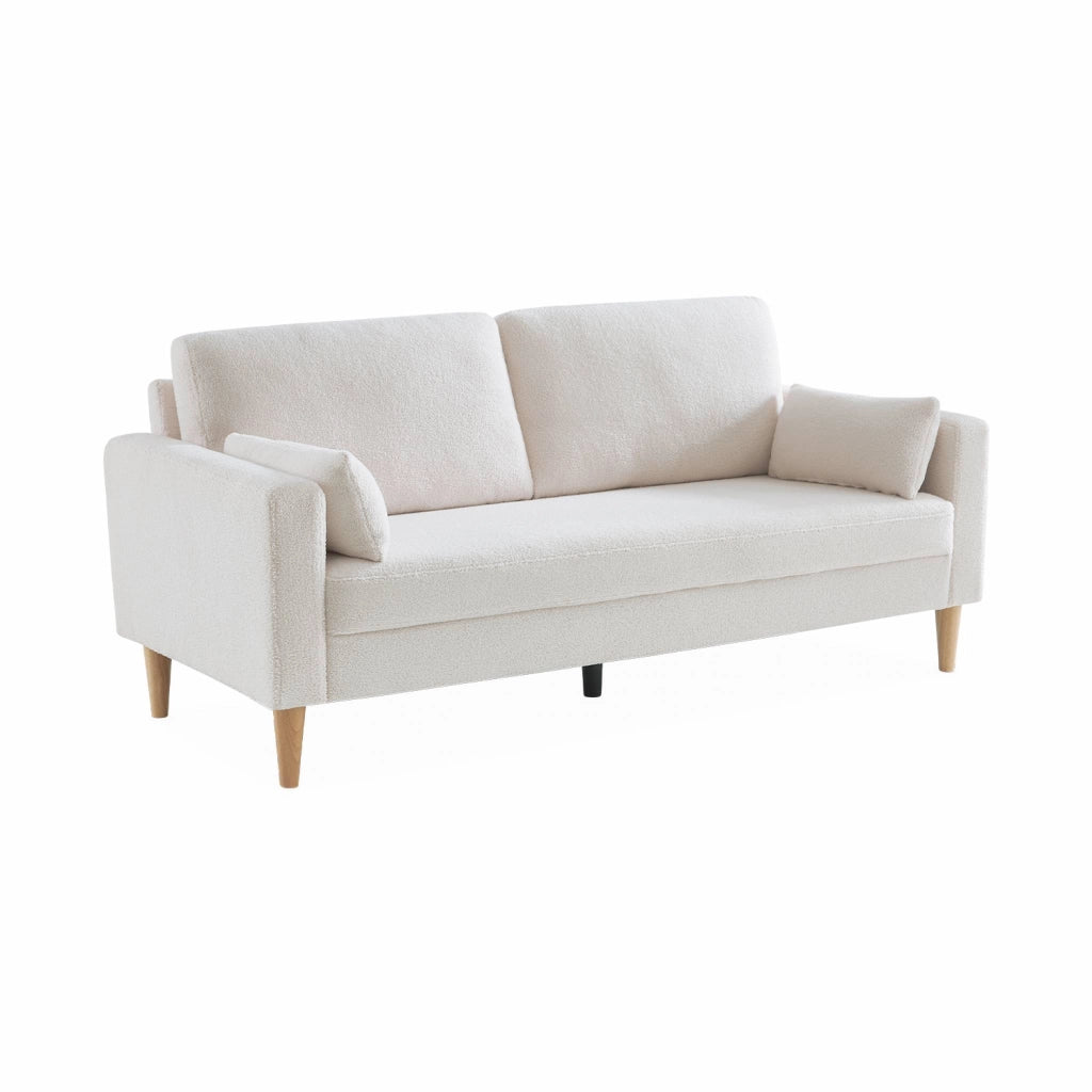 Divano stile scandinavo in legno e bouclé, 3 posti, crema