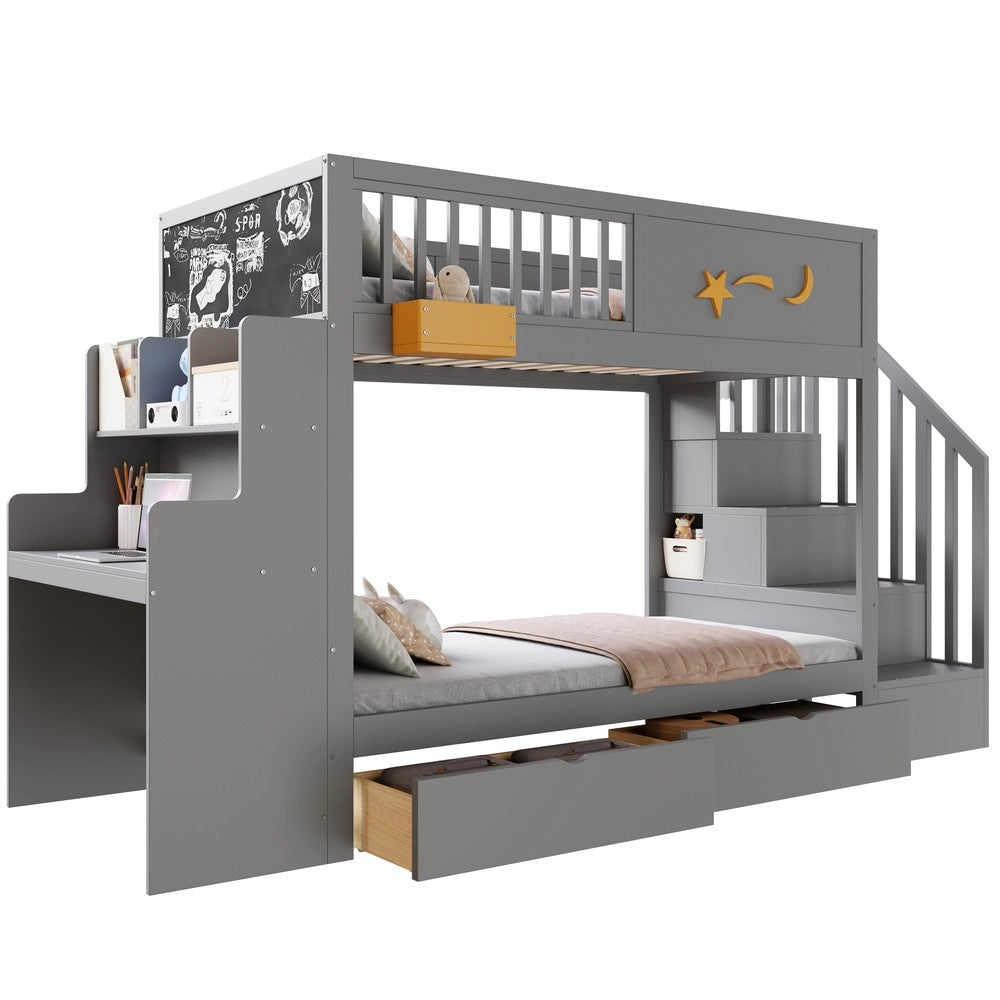 Letto a castello per bambini - Zephmum- Con cassetti, scrivania, motivo stelle, 90x200 cm, legno di pino, grigio