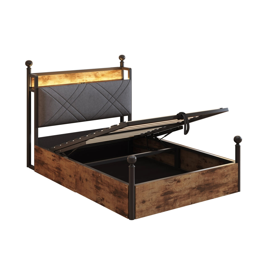 Letto 90x190 cm con contenitore idraulico e LED; metallo nero