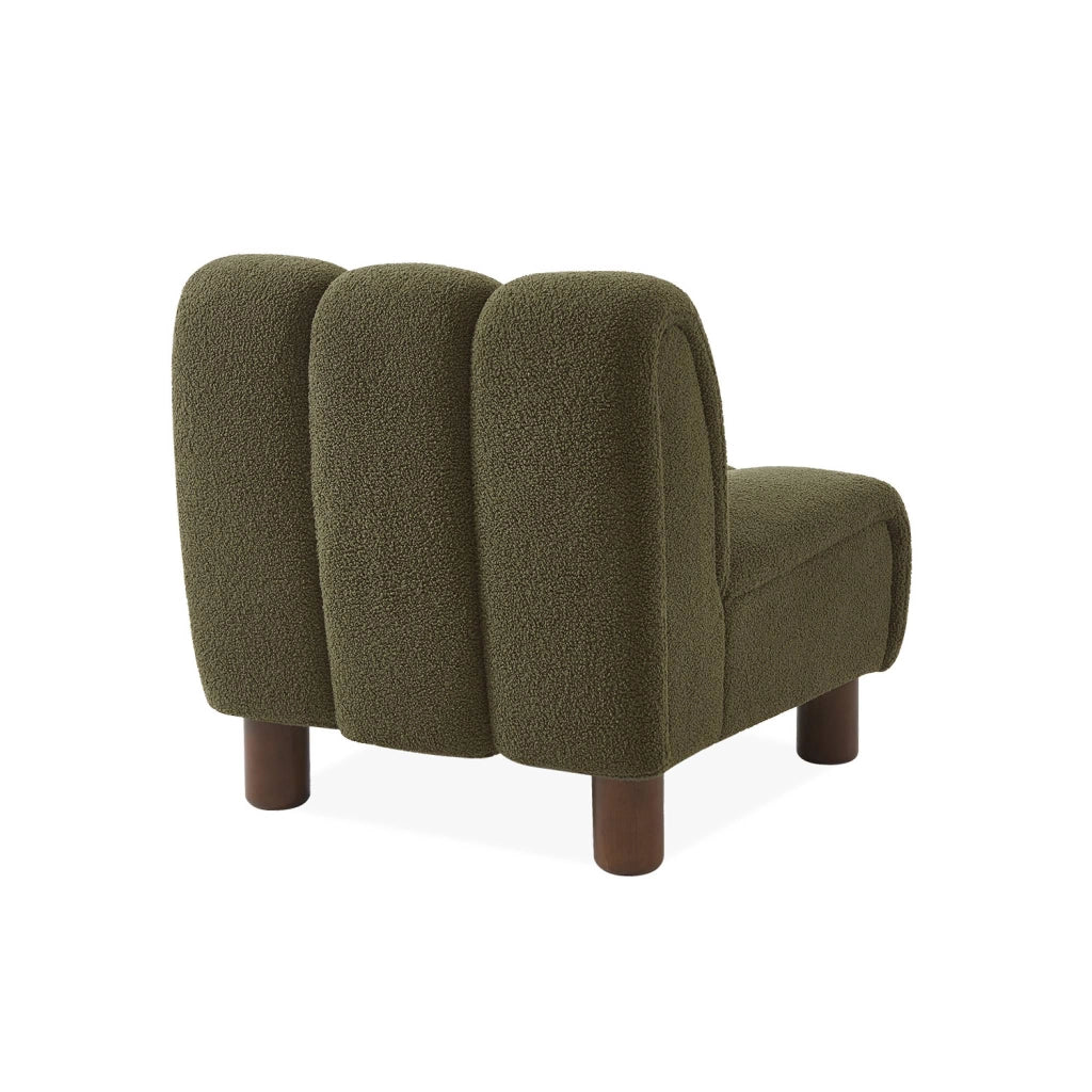 Poltrona relax con gambe rotonde in legno e tessuto bouclé, kaki