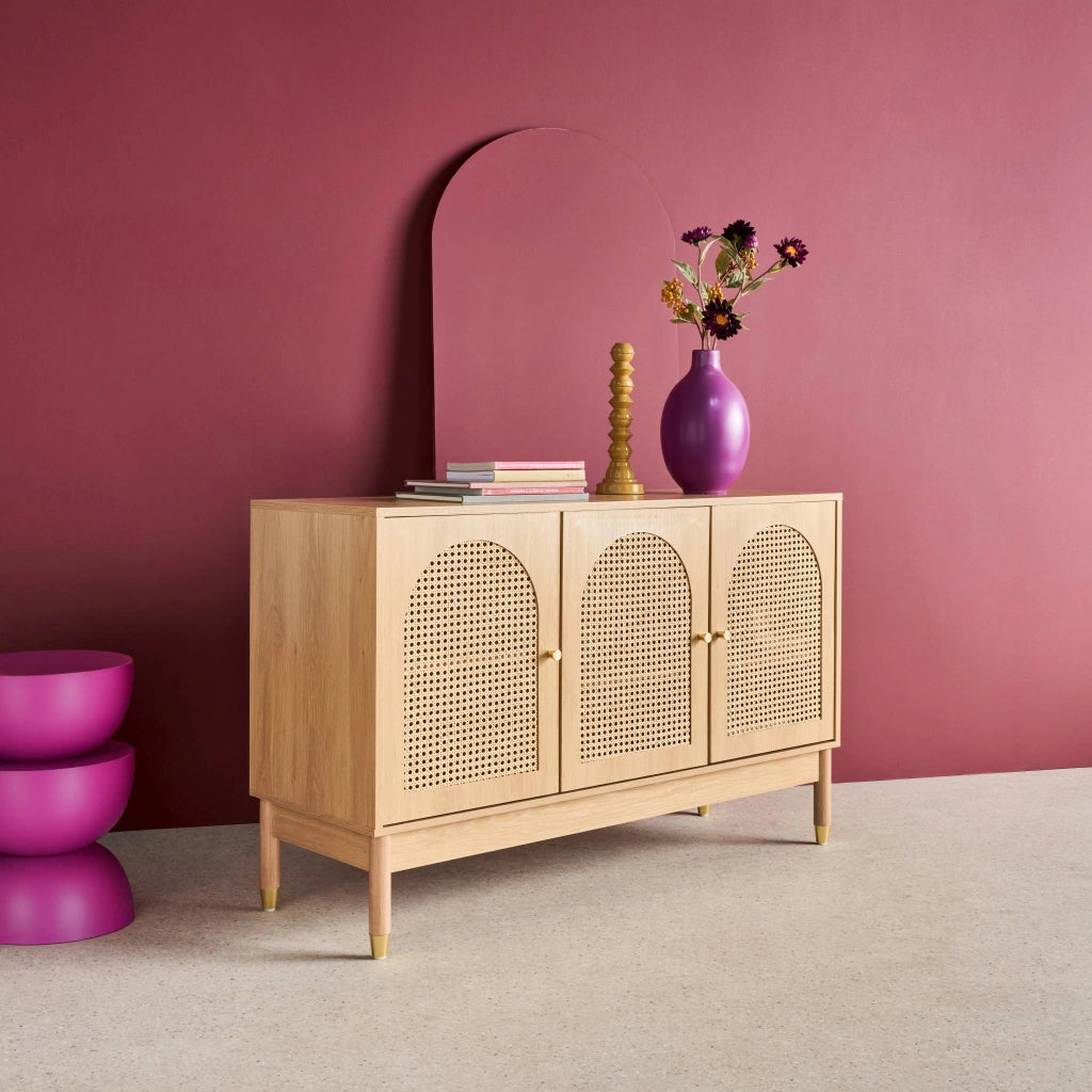 Credenza decorazione legno e canna 3 ante 120cm, marrone naturale